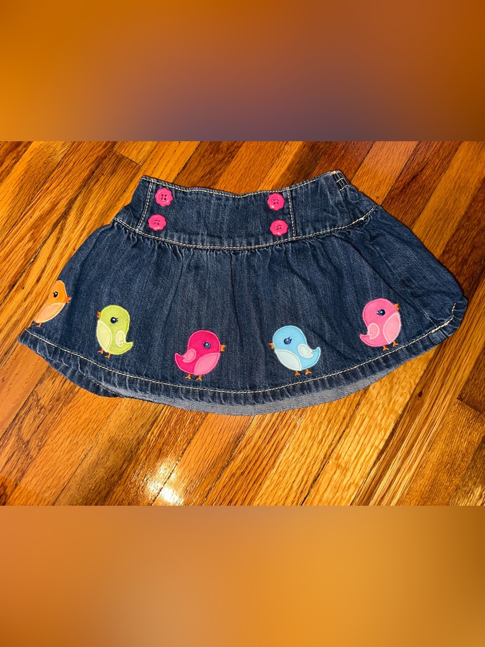 Gymboree Dark Denim Skirt with Pink, Blue and Green Bird Appliqués